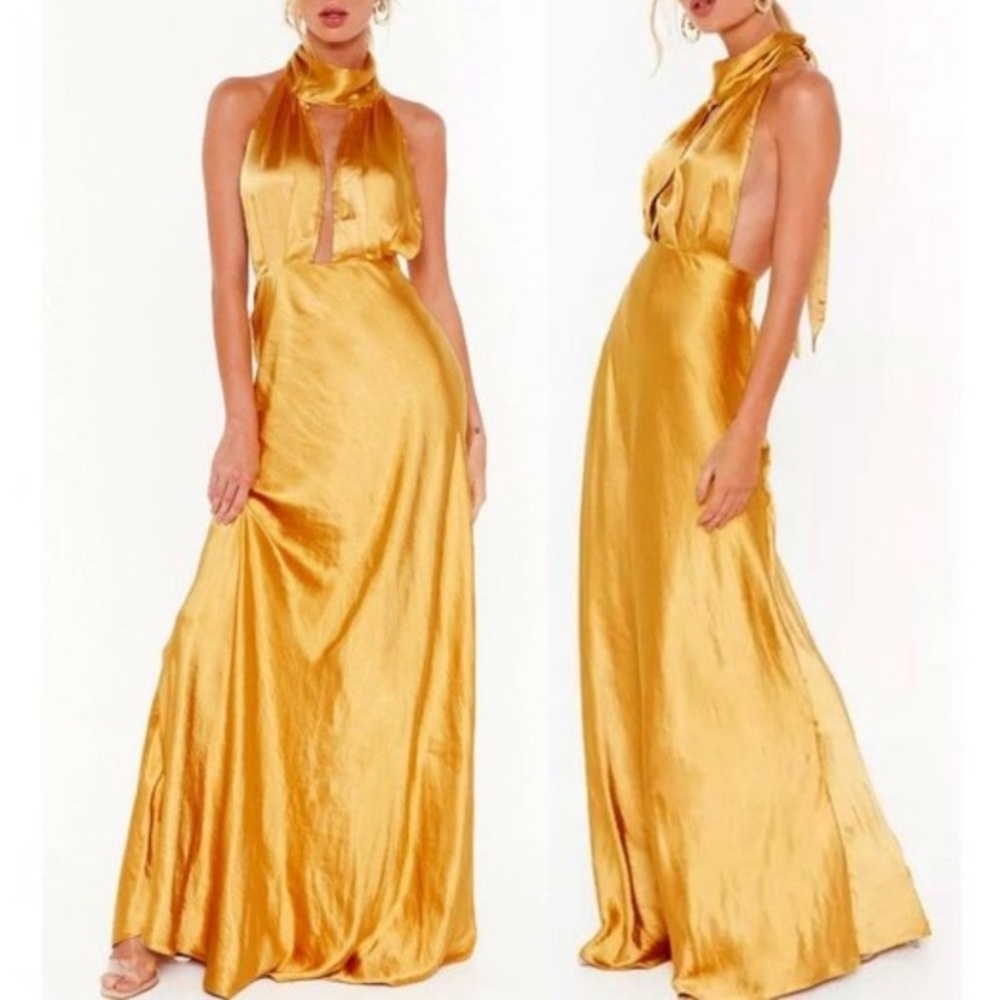NWT Big Entrance satin Maxi Dress Gold